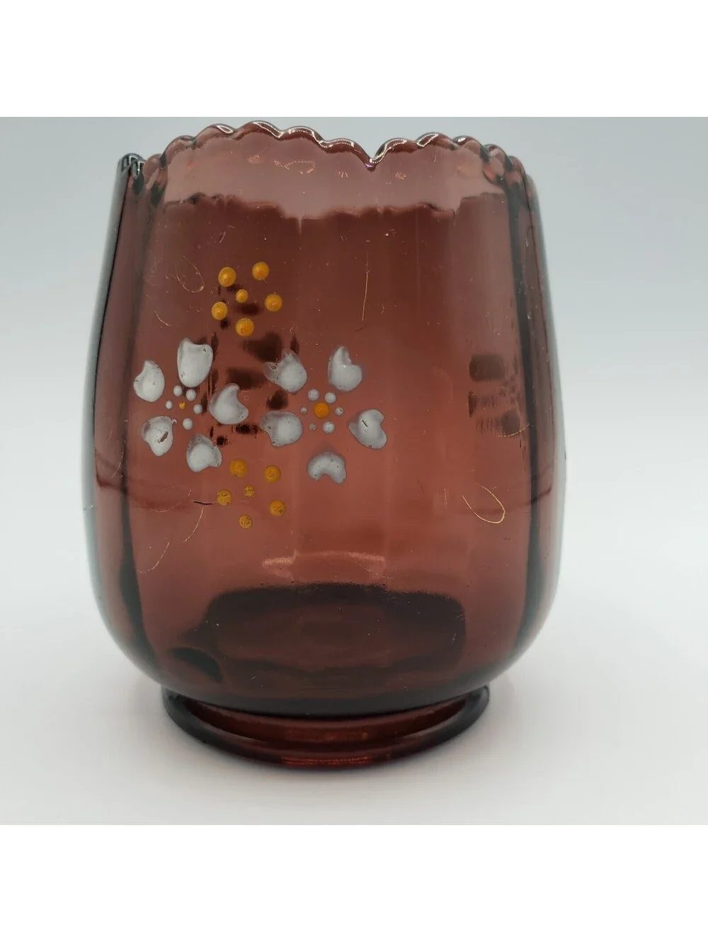 Vintage EAPG Jefferson Amethyst Glass Vase Spooner Hand Painted Panel Optic